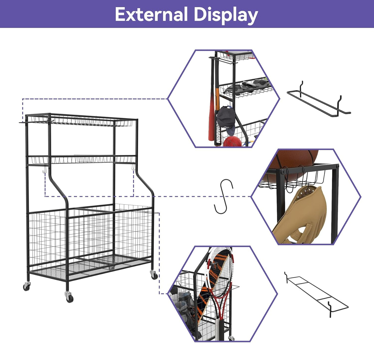 WALMANN Garage Ball and Sports Equipment Organizer, Ball Storage Rack Indoor/Outdoor Kids Ball/Toy Storage Organizer Bins, Rolling Ball Cart with Baskets