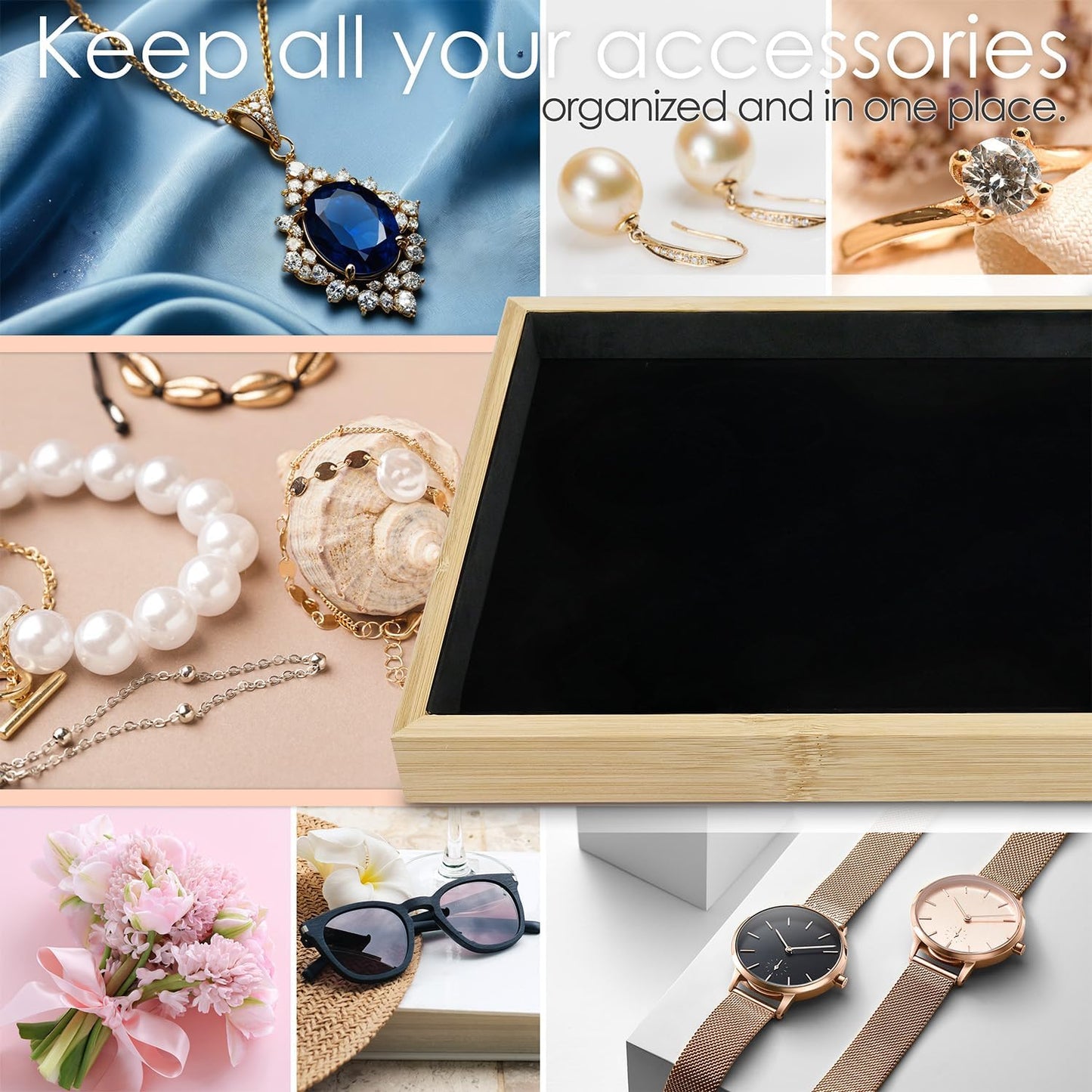 MOOCA 2 Pcs Bamboo Jewelry Display Tray, Presentation Tray, Organizer for Rings, Necklaces, Earrings, and Accessories, Black Color, 14" W x 9.6" D x 1.2" H