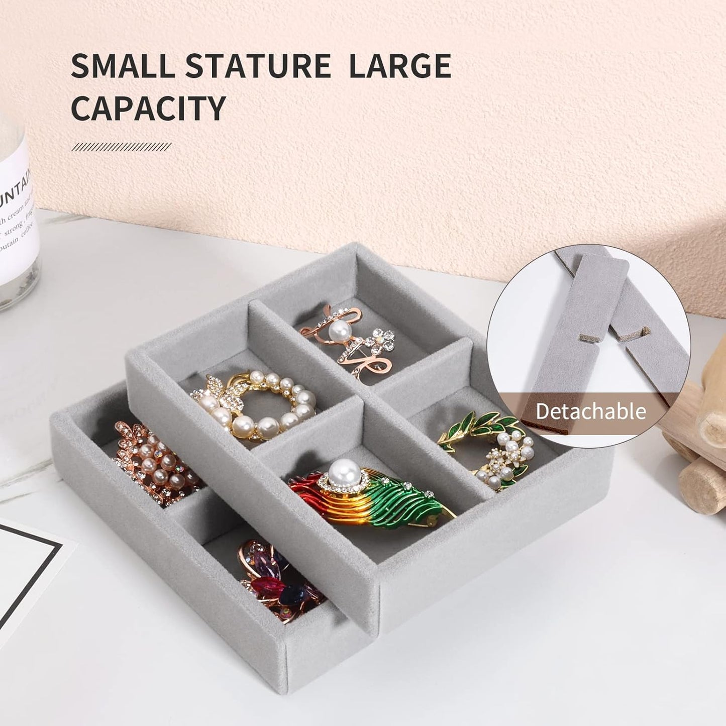 DesignSter Small Jewelry Tray, 2PCS Ring Organizer, Velvet Jewelry Display Tray, Stackable Jewelry Organizer Trays, Jewelry Drawer Organizer Inserts For Dresser, Jewelry Box (Gray)