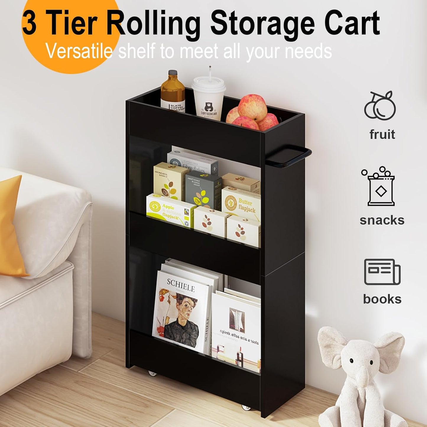 MARTY Wood Rolling Storage Cart 7.9" W, 3 Tier Slim Utility Kitchen Cart on Wheels Laundry Room Bathroom Organizers Narrow Shelves with Handle Mobile Shelving Unit for Small Places, Black