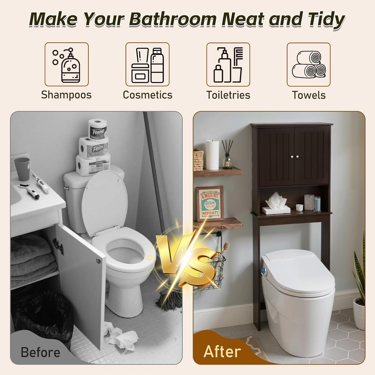 Over The Toilet Storage Cabinet, Behind Toilet Bathroom Organizer with Adjustable Shelves, Above Toilet Organizers with Barn Door, Space Saver for Restroom, Bathroom, Laundry