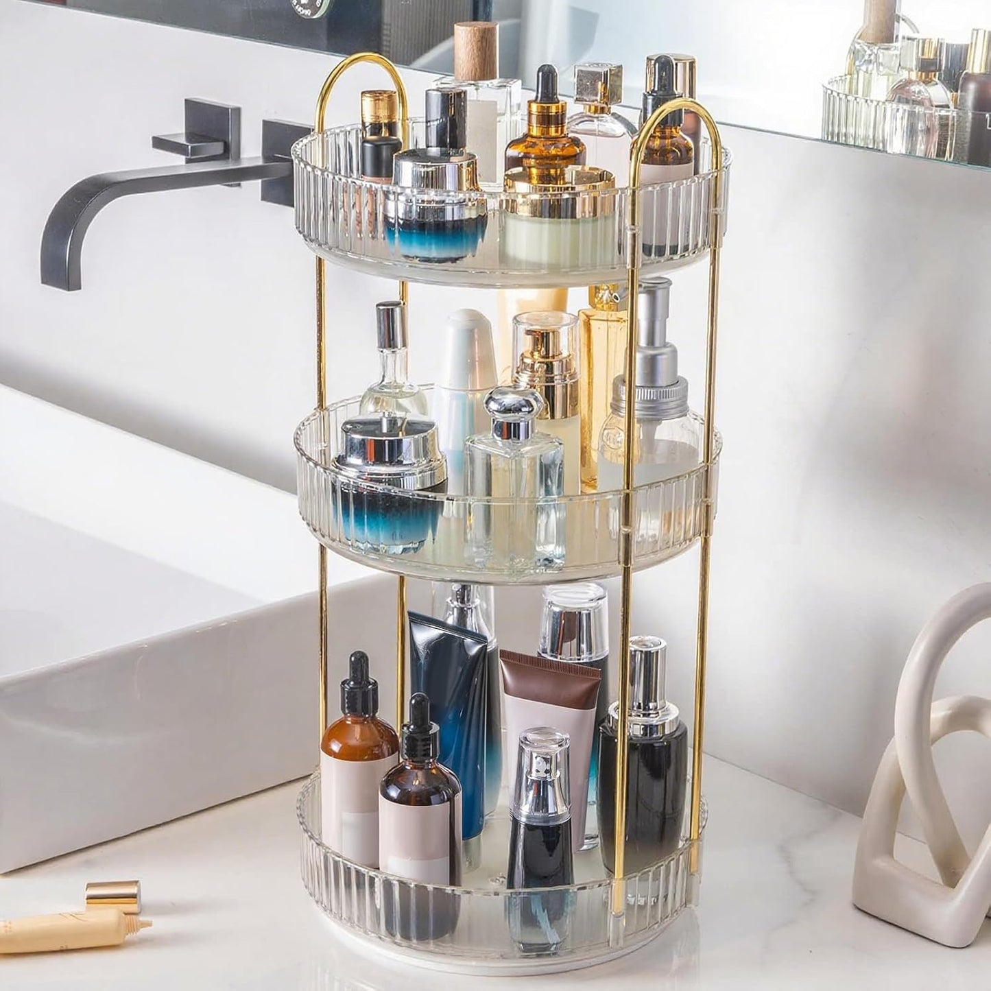 360° Rotating Makeup Organizer, Bathroom Make Up Spinning Holder Rack, Large Capacity Cosmetics Storage Vanity Shelf Countertop, Fits Cosmetics, Perfume, Skincare, Lipsticks(3 Tiers, Clear)
