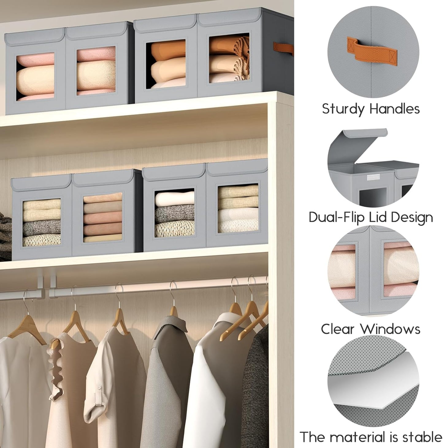 Large Closet Storage Bins - Collapsible Divided Clothes Organizer with Lids & Dual Window, Fabric Organizing Bins for Clothes, Sweater, Toys, Bedroom, Office (Grey, 3 Pack)