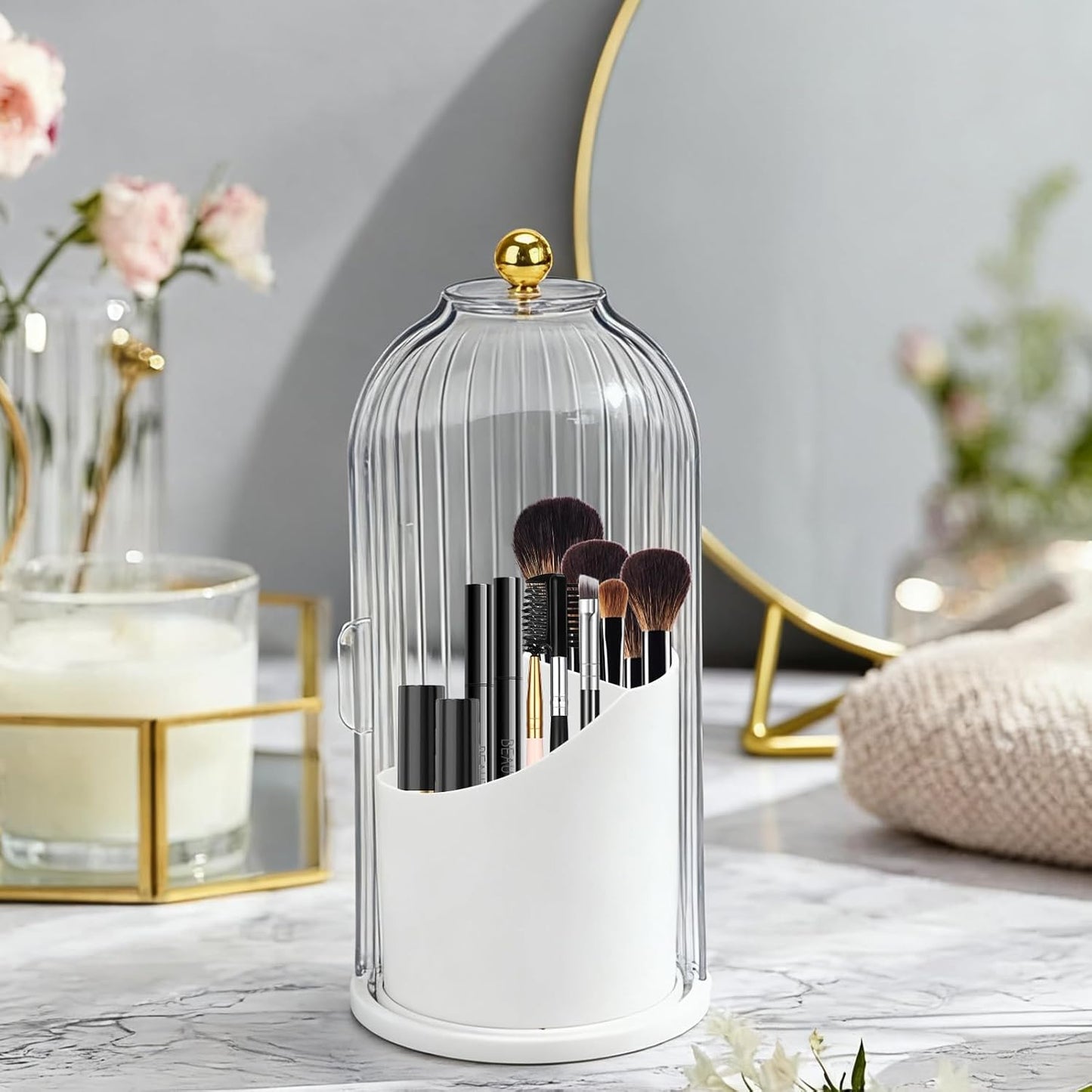 Toothbrush Holder with Cover, 360 Rotating Dust-proof Toothbrush Holder 3 Slots Rotating Makeup Brush Holder for Vanity Bathroom Countertop Organizer (Transparent)