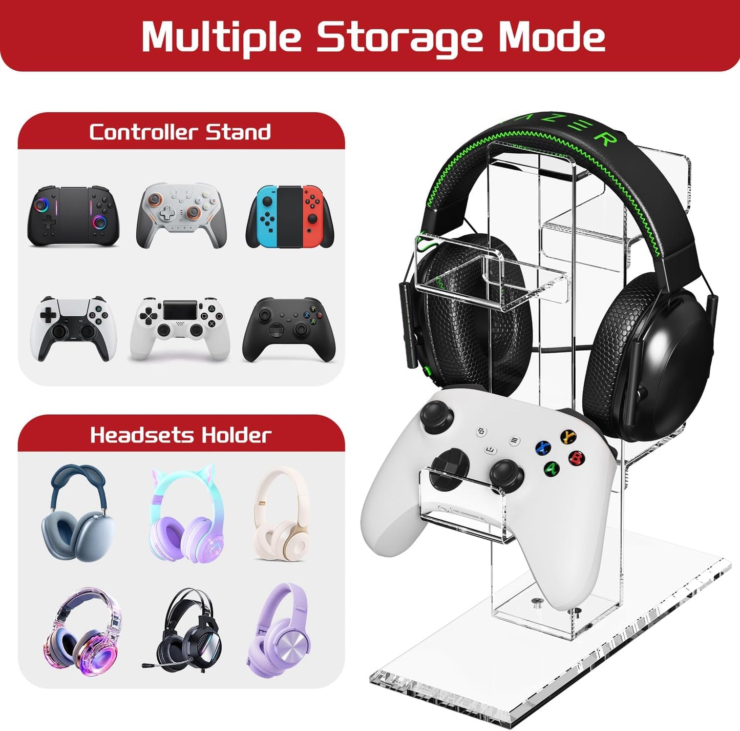 Crpich Acrylic Controller Stand, 3-Tier Headphone and Game Controller Holder with 5 Slots, Clear Desk Organizer for Xbox, PS5, PS4, Switch and More