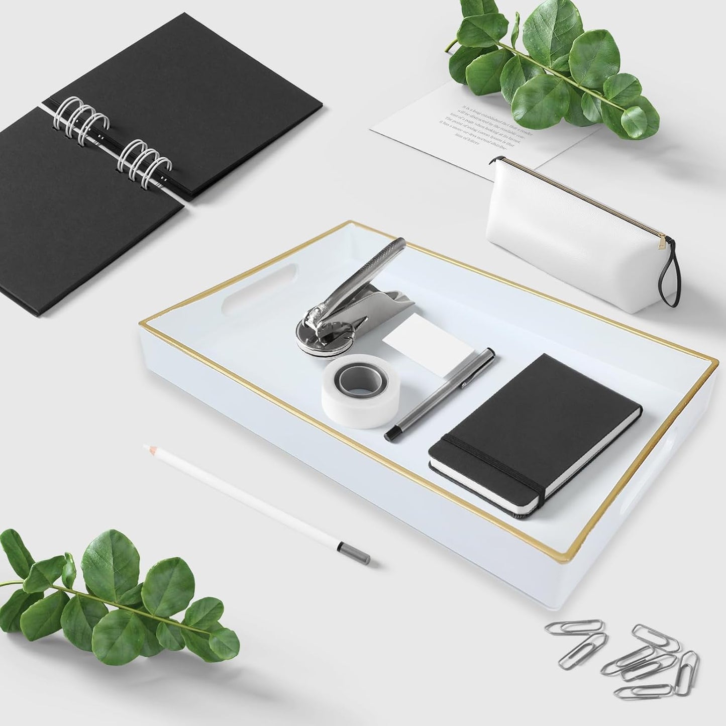 Spsyrine White Bathroom Vanity Tray with Handles for Dresser Tops, Countertop, Perfume Decorative Tray, 11.8” * 7.87” *1.37”