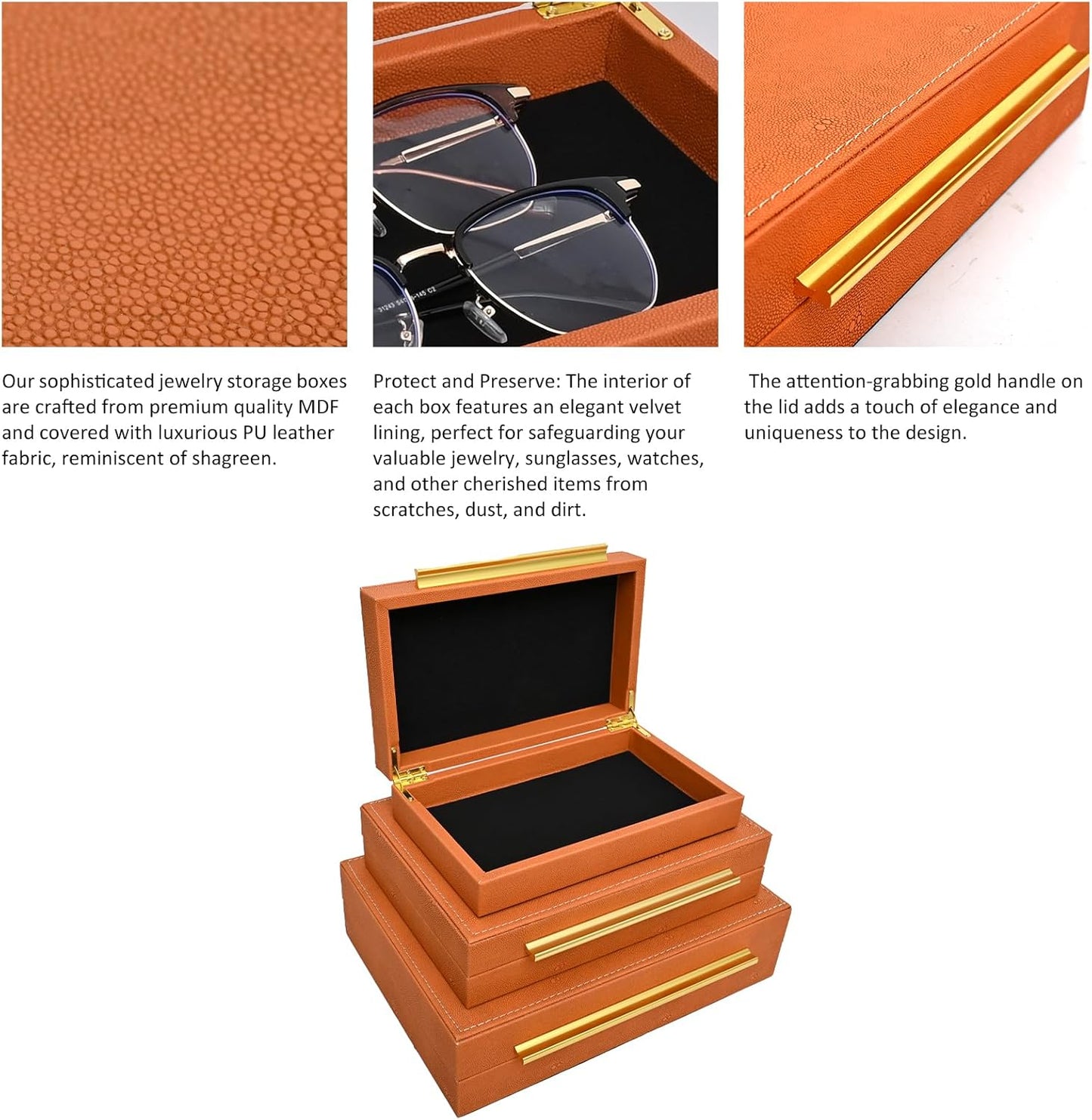 Faux Shagreen Leather Jewelry Storage Boxes Set of 3 with Gold Handles, Velvet Lined Stackable Organizer for Women, Vanity, Dresser, Gift, Burnt Orange