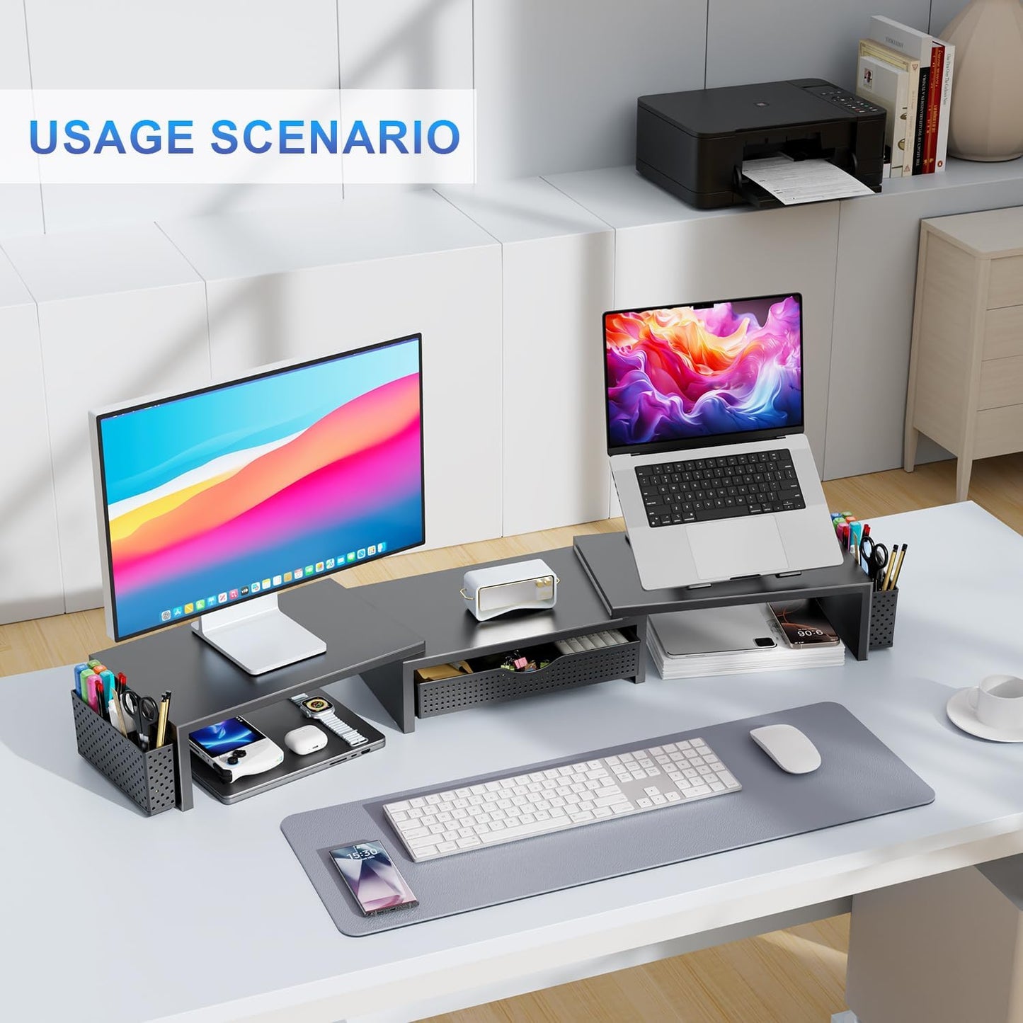 gianotter Dual Monitor Stand Riser, Desk Organizer With Drawer and 2 Pen Holders, Computer Monitor Stand, Shelf for Top of Desk, Black