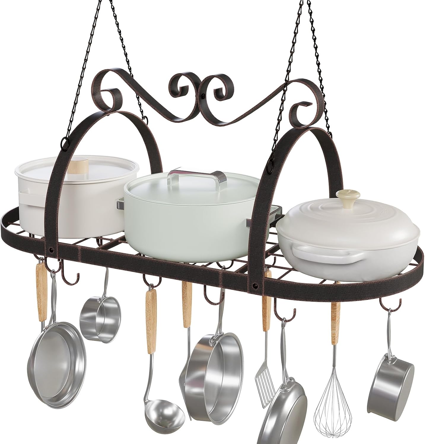 Hanging Pot Rack Ceiling Mount, 33" Metal Ceiling Pan Hanging Rack with 15 S Hooks, Oval Pot and Pan Storage Rack, Decorative Vintage Brown Pot Hangers for Kitchen Organize Utensils Cookware