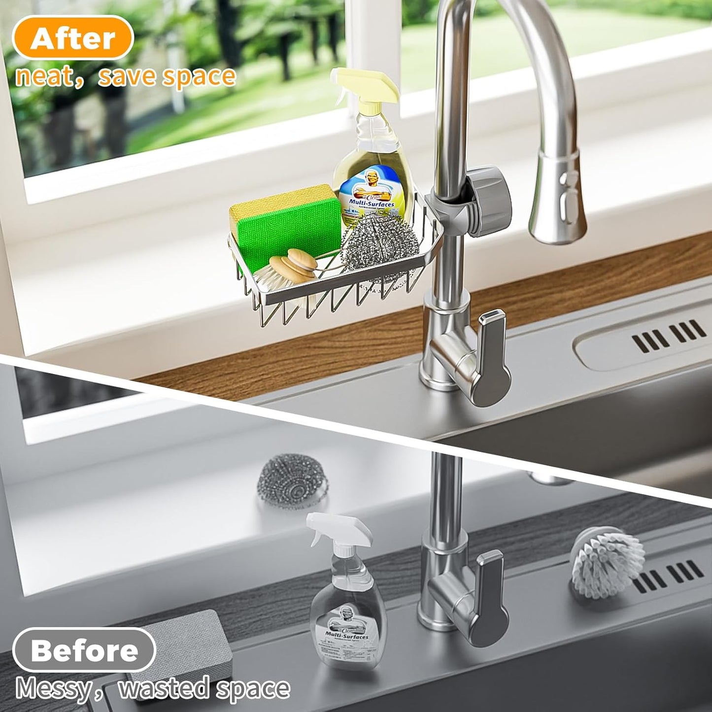 LONIN Sponge Holder Over Faucet Kitchen Sink Caddy Organizer, Stainless Steel Detachable Hanging Faucet Drain Rack for Bathroom, Scrubbers, Soap, (Black)