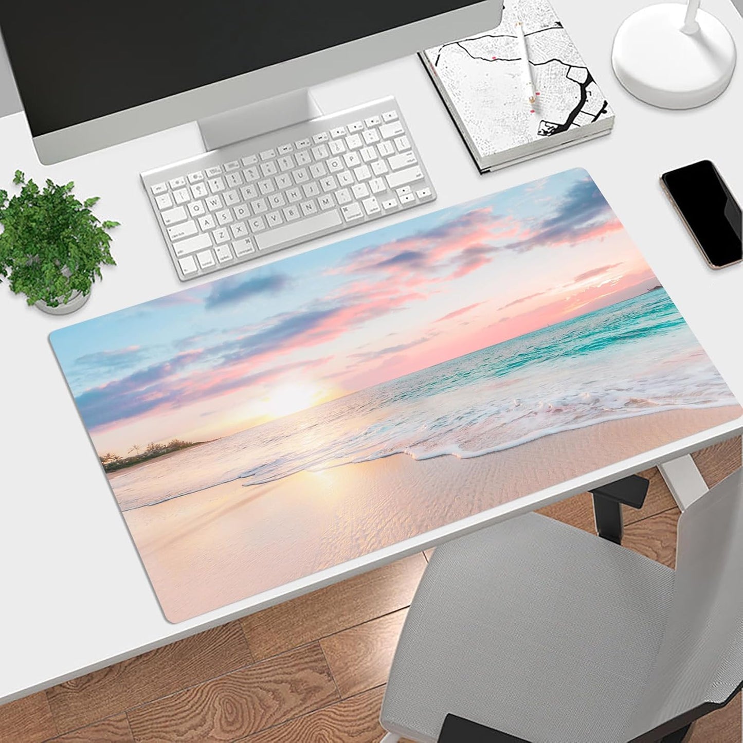LB Coastal Beach Sunset Mouse Pad Nature Teal Ocean Large Mouse Pad for Desk Modern Aesthetic Extended Desk Pad Non-Slip Rubber Base Computer Mouse Mat for Home Office Gaming 15.7L X 31.5W Inch