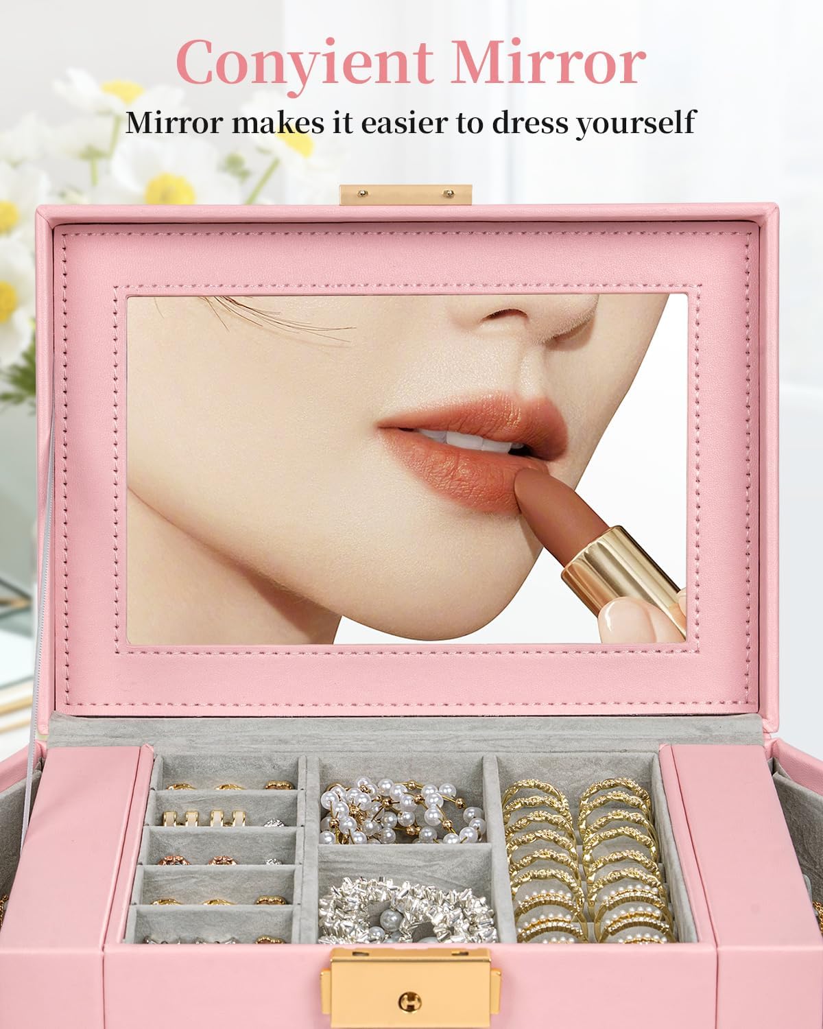 TORIBIO Jewelry Box for Women, Leather Jewelry Organizer with Mirror & Lock, 3-Tier Jewelry Storage Organizer with 2 Drawers for Girls/Women/Mothers, Necklace Earring Bracelets Holder Organizer