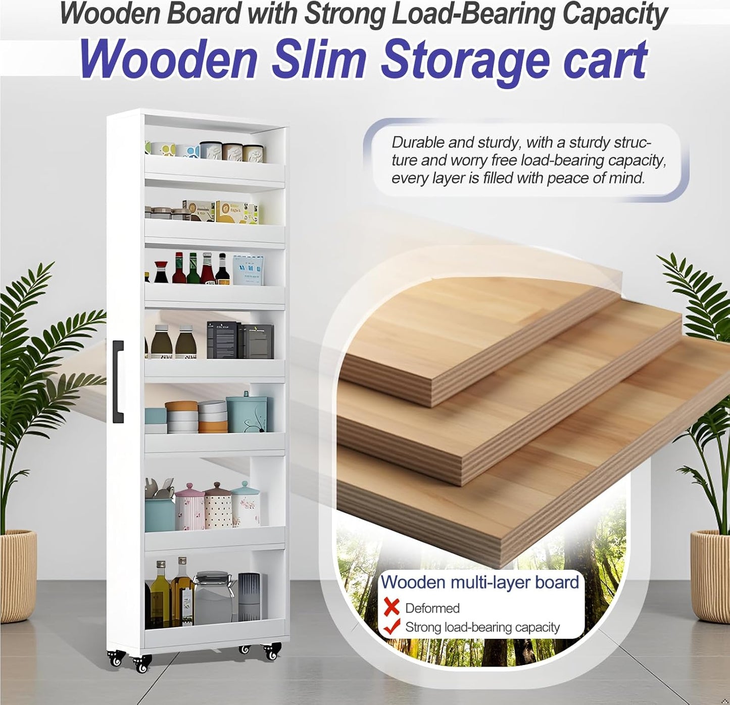 7-Tier Slim Storage Cart, Wooden Rolling Pantry Cabinet with Wheels, Narrow Shelf Organizer for Kitchen, Bakers Rack, Dining Room, Closet, Small Spaces Light Walnut 73.2‘’H*5.9''W*19.6''D