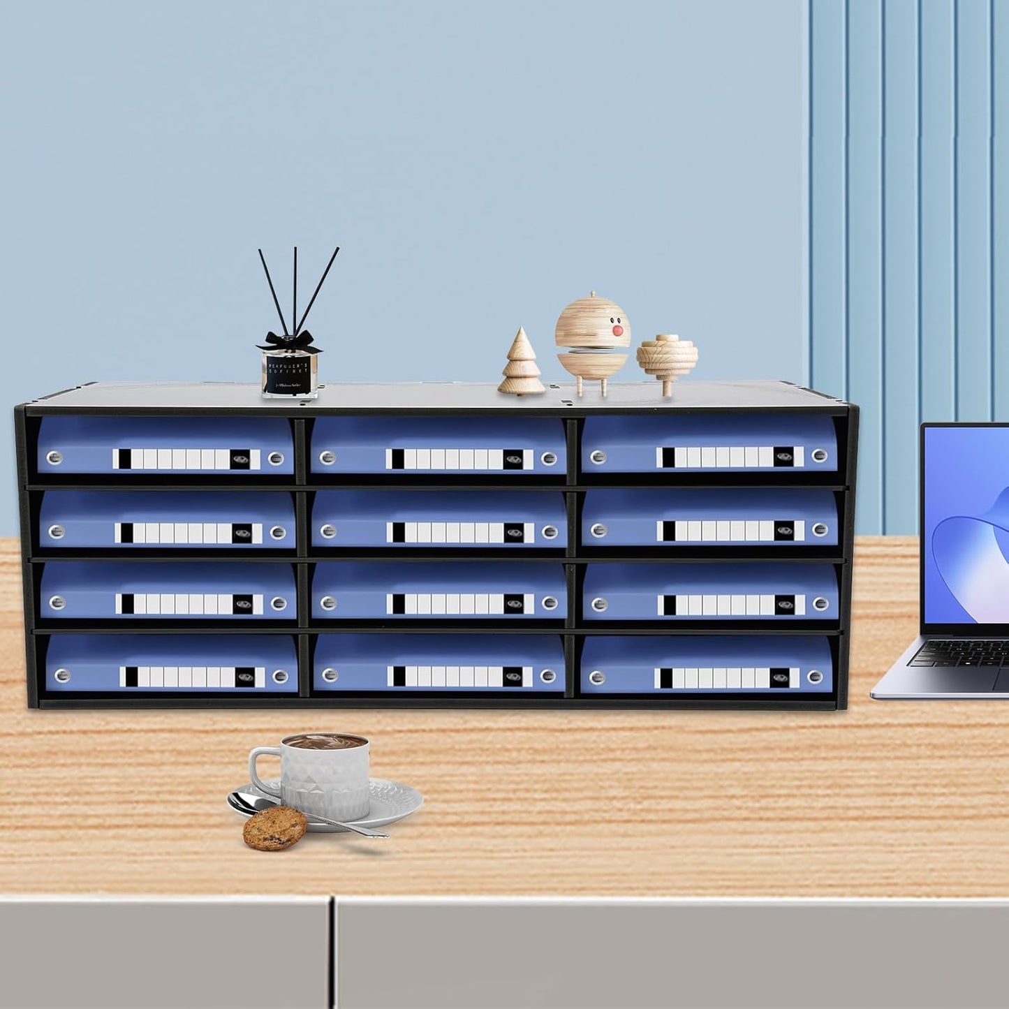 12 Compartments Literature Organizer, Desktop File Sorter Mail Center Paper Storage Cabinet Classroom Mailbox for Files Documents Papers Magazines(White) (Black 12 Slots)