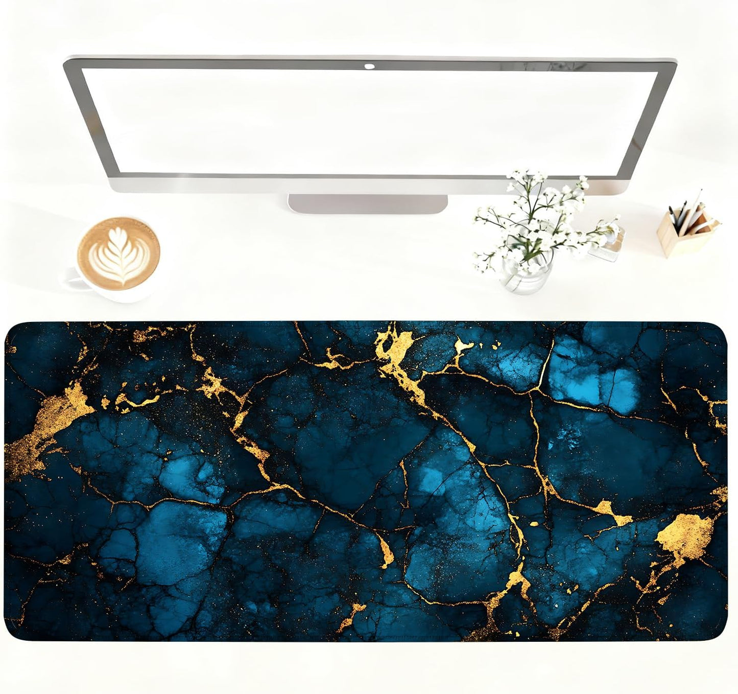 Blue Marble Gold Vein Mouse Pad – Large Extended Desk Mat 35.43 x 15.75 in – Elegant Navy Ink Texture with Metallic Cracks, Keyboard & Mouse Pad for Office & Gaming