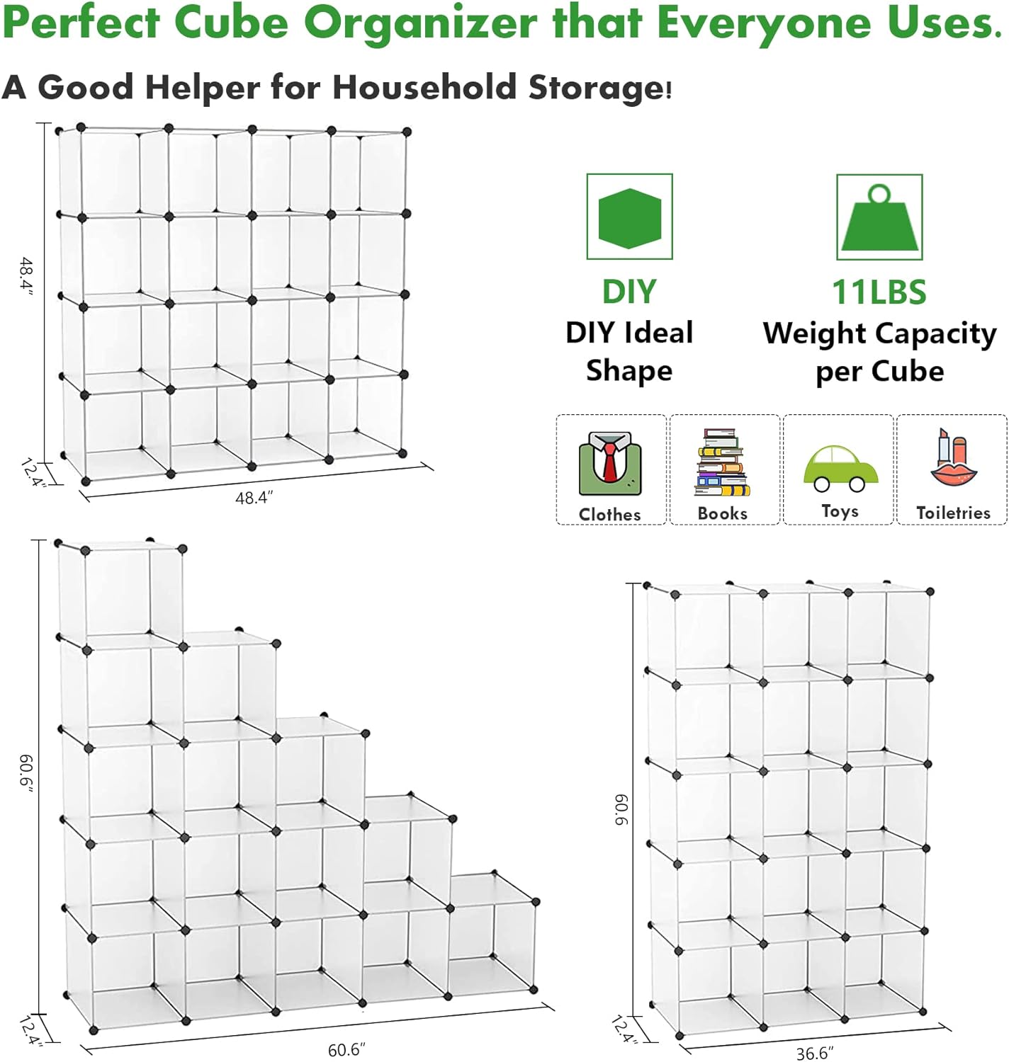 C&AHOME Cube Storage Organizer, 16-Cube Shelves Units, Plastic Storage Cubes, DIY Closet Organizer, Modular Closet Storage Shelves Ideal for Home, 48.4" L × 12.4" W × 48.4" H Transparent SUM3016W