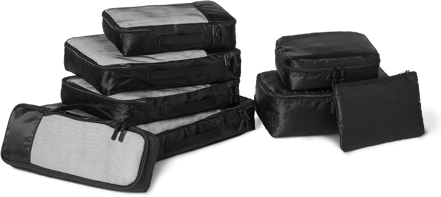 Amazon Essentials 8-Piece Packing Cubes Travel Accessories Set, Luggage Organiser with Double Zip, 100% Polyester, Multiple Dimensions, Black