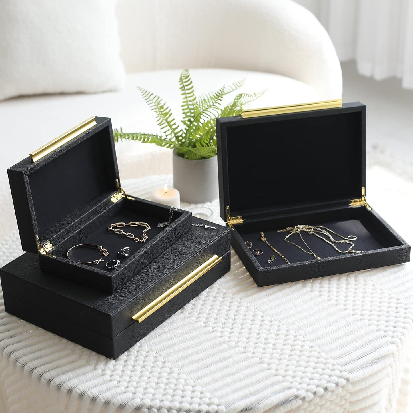 Faux Shagreen Leather Jewelry Storage Boxes Set of 3 with Gold Handles, Velvet Lined Stackable Organizer for Women, Vanity, Dresser, Gift, Black
