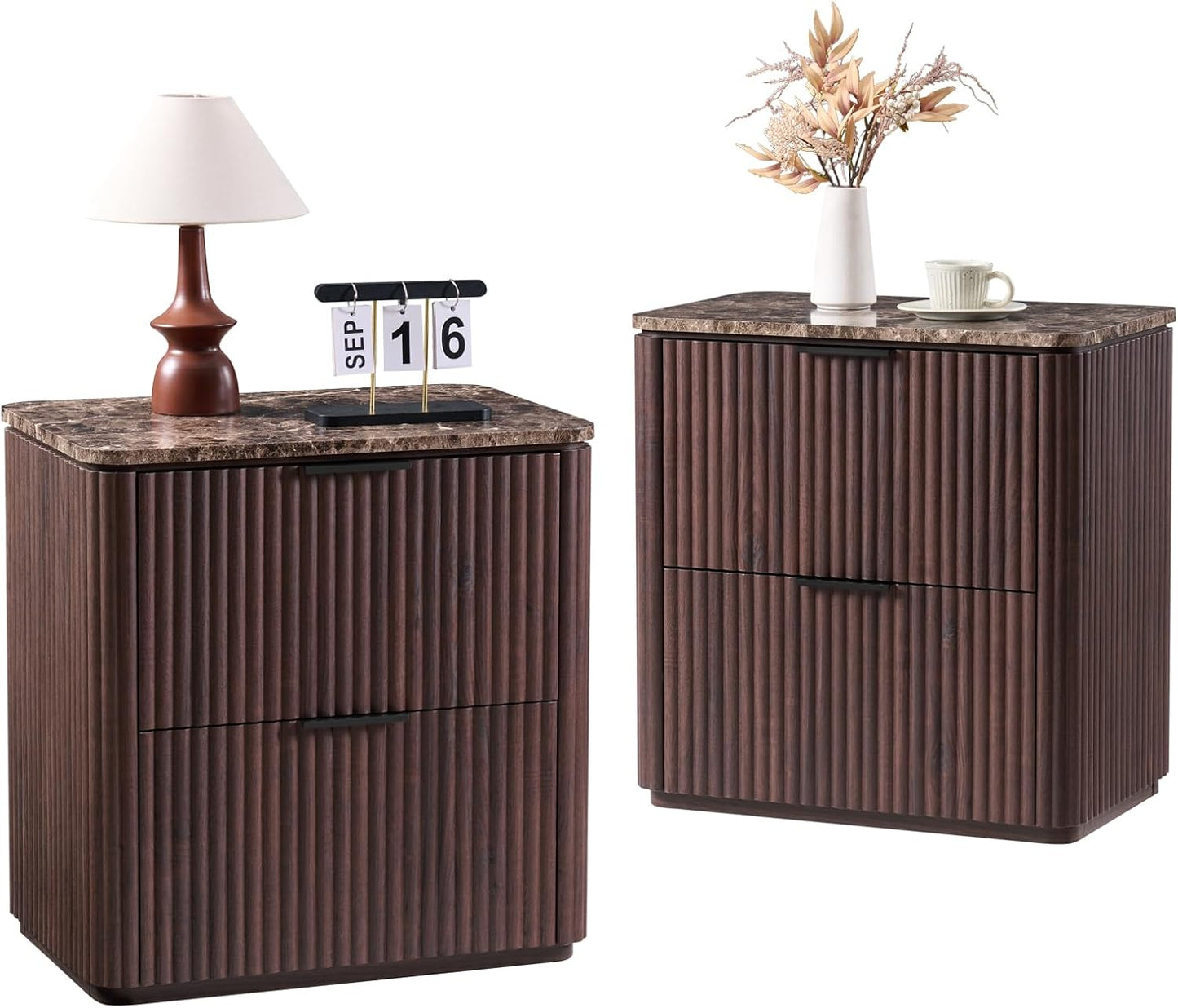 Fluted Nightstand Set of 2, Bedside Table with 2 Drawers, Engineered Wood End Table with Faux Marble-Top, Curved Corners, Metal Handle, Modern Night Stand for Bedroom, Small Spaces, Dark Oak