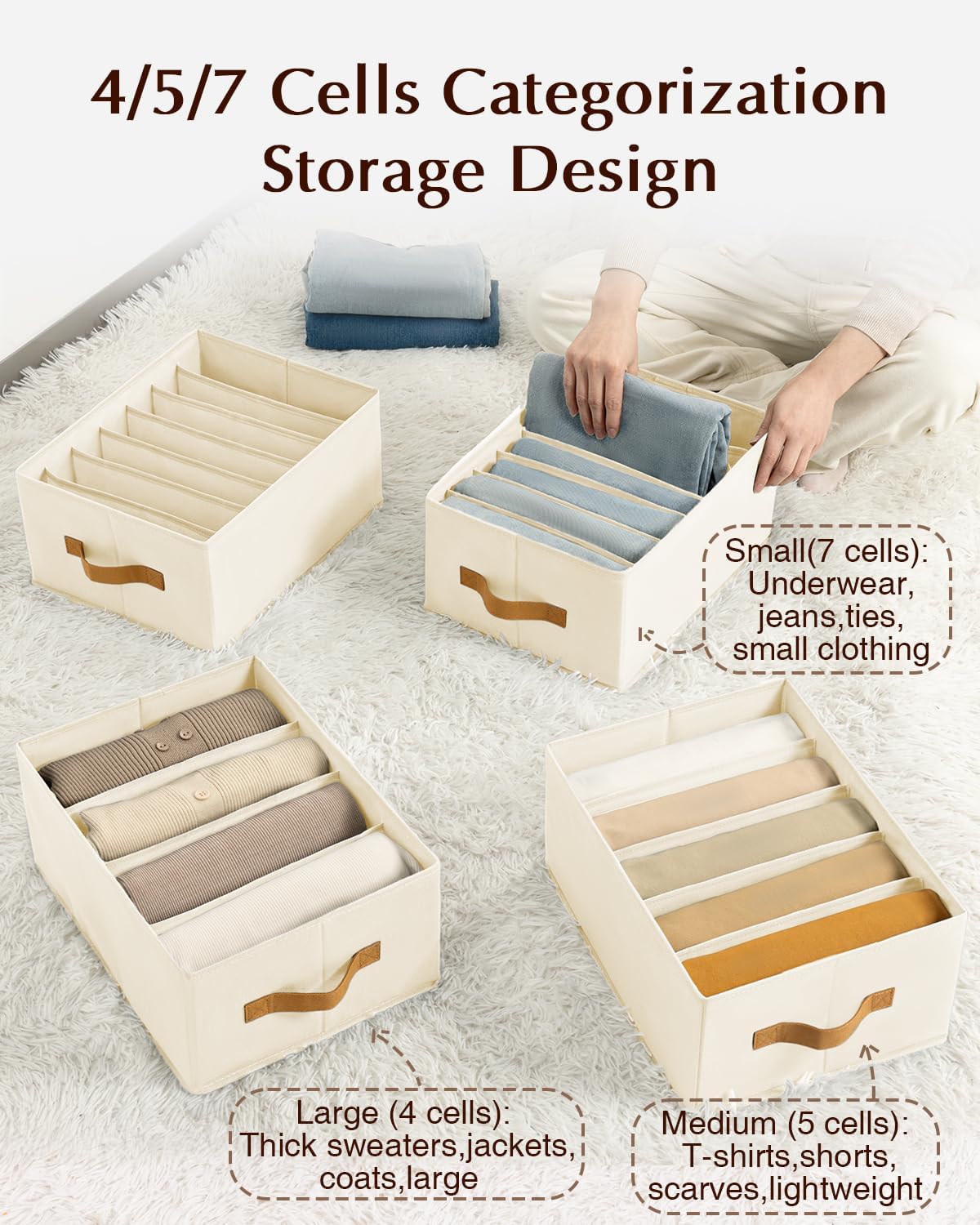 Clothes Organizers and Storage - 4/5/7 Grids Fabric Jeans Organizer with Handles, Foldable Closet Organizers Dividers, Wardrobe organizer for Pant, Sweater, T-shirt, Scarf, 3 Pack, Beige