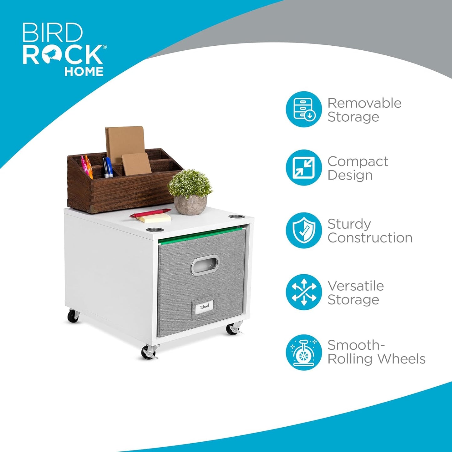 BIRDROCK HOME Rolling File Cabinet – Decorative Storage Shelf w/Removable Bins, Handles, and Wheels – Organize Files, Books, Toys, Under Desk Office Solution, Modern Design - 2 Lateral Drawers, White