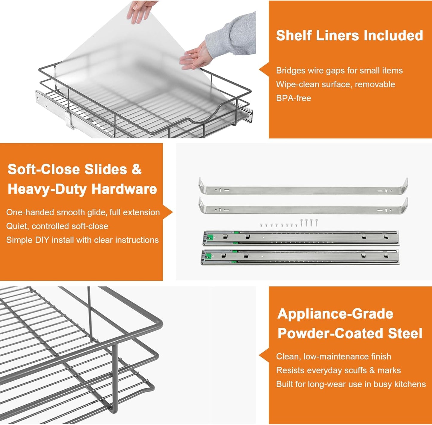 ALINE FURNITURE Pull Out Shelves - 11" W x 22" D Soft Close Pull Out Cabinet Organizer 1 Tier - Slide Out Drawers with Shelf Liner, Heavy Duty Steel Wire Baskets for Kitchen Cabinets, Pantry, Bathroom