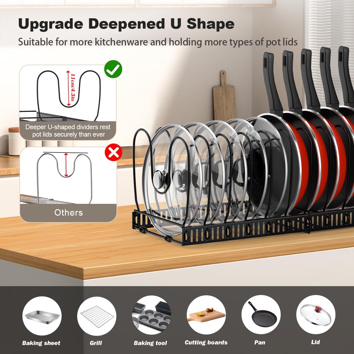 Housolution Pot and Pan Organizer Rack for Cabinet, Expandable Pot Lid Organizer Holder with 14 Adjustable Dividers, Fully Expanded Size 22.83" W x 7.09" D x 7.09" H, Black