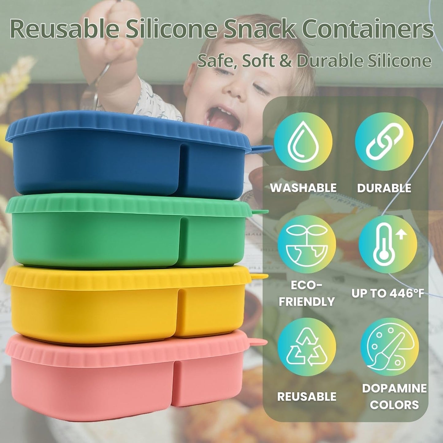 4 Pack Reusable Silicone Snack Containers with Lid, Strap, Spoon & Fork-2 Compartments Portable Mini Containers，Silicone Snack Storage Box for Picnic, Office, School(blue+green+pink+orange)