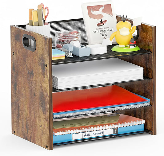 Wood Desk Organizer - 4-Tier Desktop File Organizer, Wooden Paper Organizer, Office Desk Organizer for Papers, Mail, Notebooks, Stationery