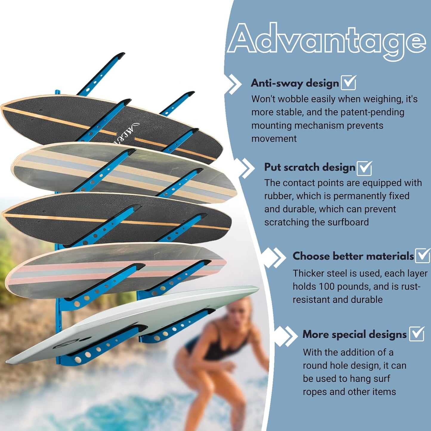Snowboard Wall Mount, Adjustable 5/6 Board Surfboard Rack, Surfboard Wall Hangers for Surfboard, Wakeboard, and Snowboard Storage at Home or Garage