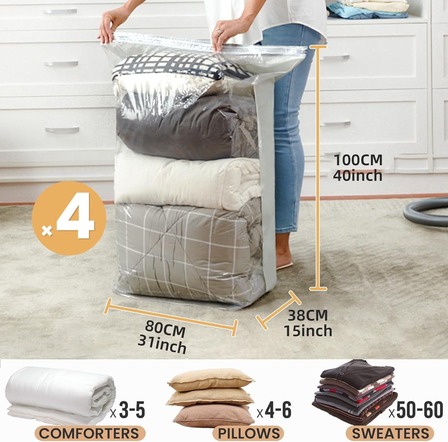 TAILI Vacuum Storage Bags 4 Pack, Jumbo Cube (31x40x15 Inch), Extra Large Vacuum Seal Bags for Clothing, Comforters, Blankets, Bedding, Sweater, Closet Organizers, Space Saving, Cream
