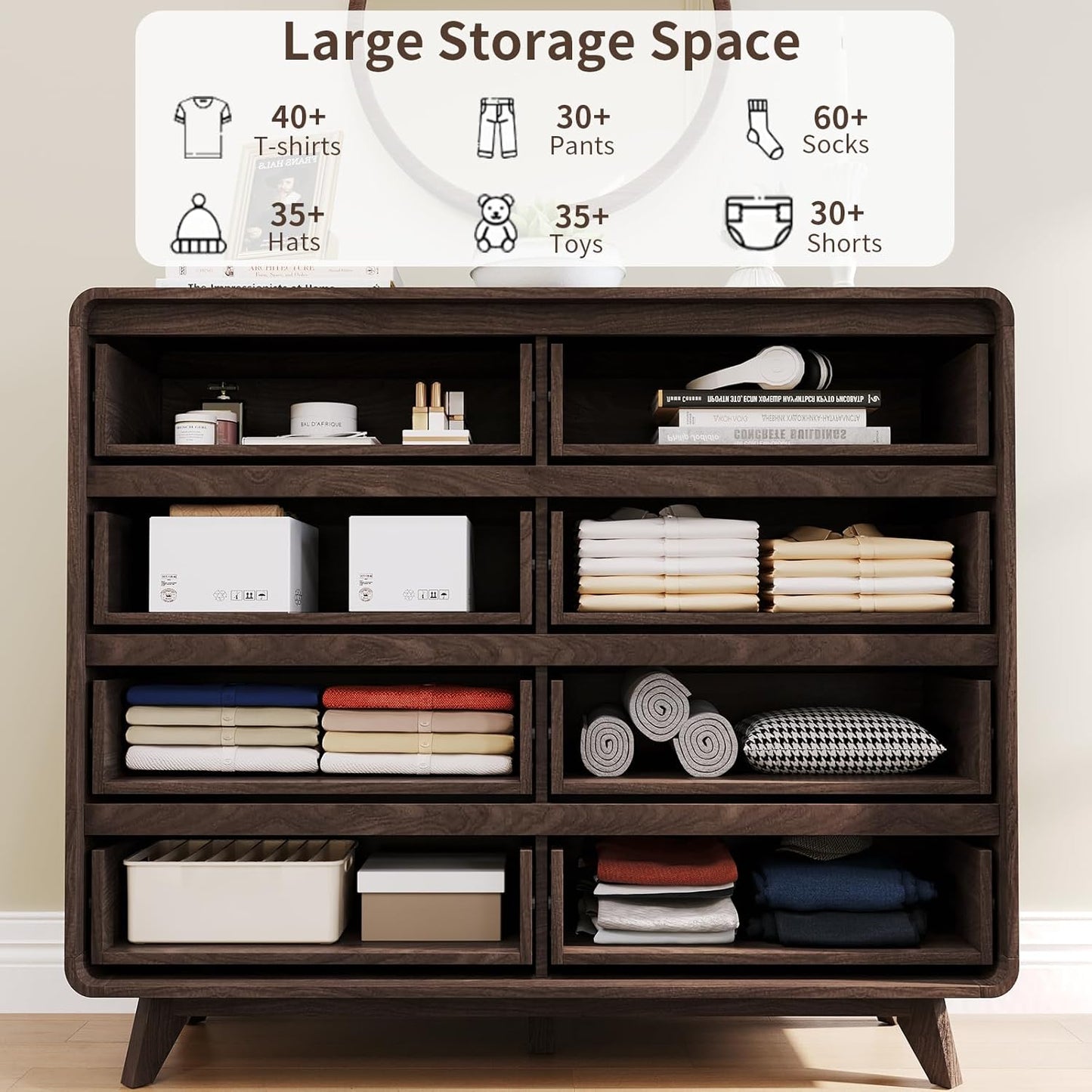 8 Drawer Dresser and Nightstand Sets for Bedroom, 3 Piece Bedroom Set, Wood 8 Drawer Dresser and Nightstand Set of 2, Fluted Chest of Drawers Wide Storage Organizer Cabinet Set, Dark Walnut