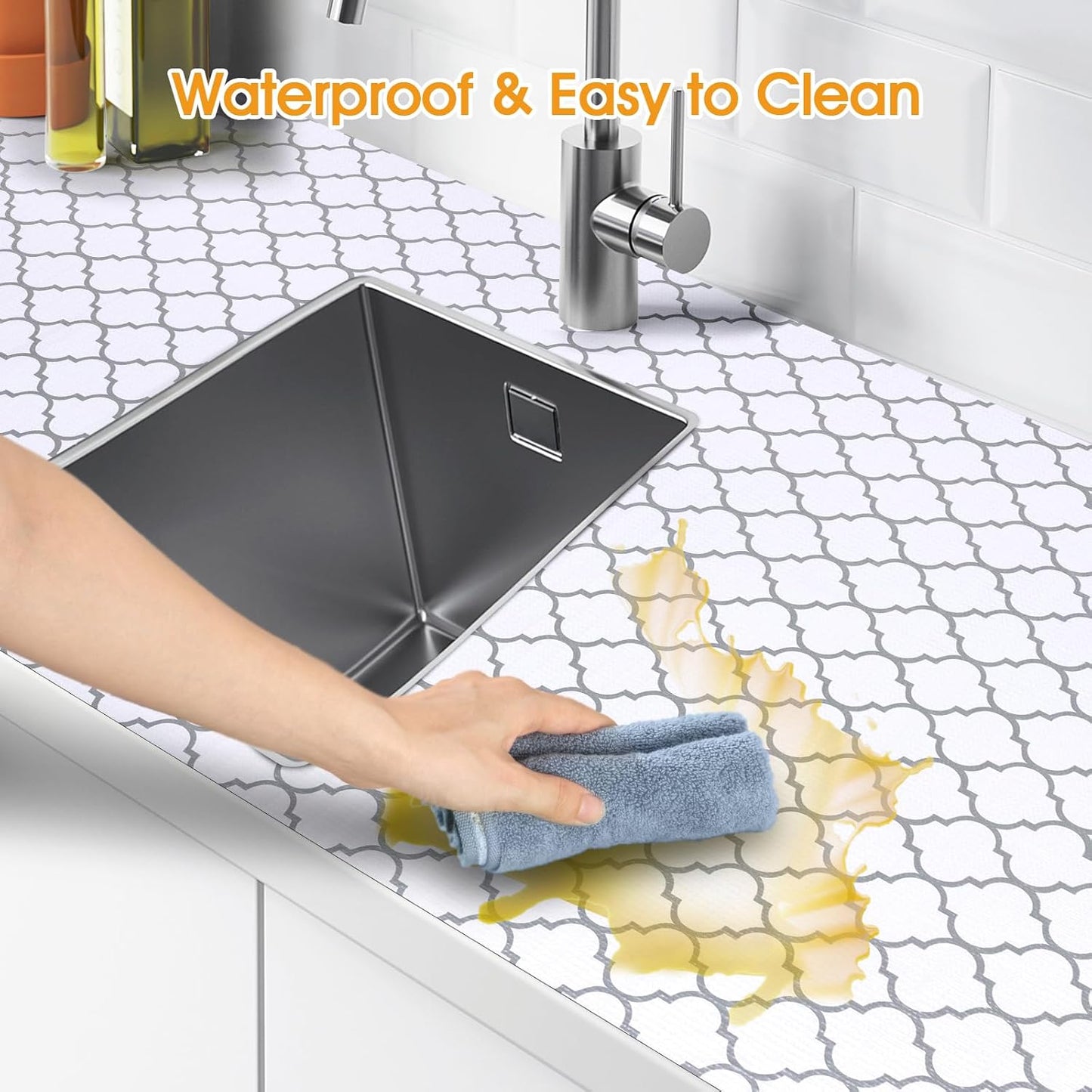 Shelf and Drawer Liner for Kitchen Cabinets Non-Adhesive, Strong Grip Non-Slip Thickened Cabinet Liners for Shelves, Waterproof Mats for Dresser Cupboard, White/Gray, 17 in x 10 Feet