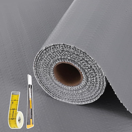 Drawer and Shelf Liner for Kitchen Cabinet: 12 in X 30 Ft Non Slip Waterproof Shelf Paper Non Adhesive Refrigerator Liners Gray Easy Liners for Bathroom Cupboard with Knife Tape Measure