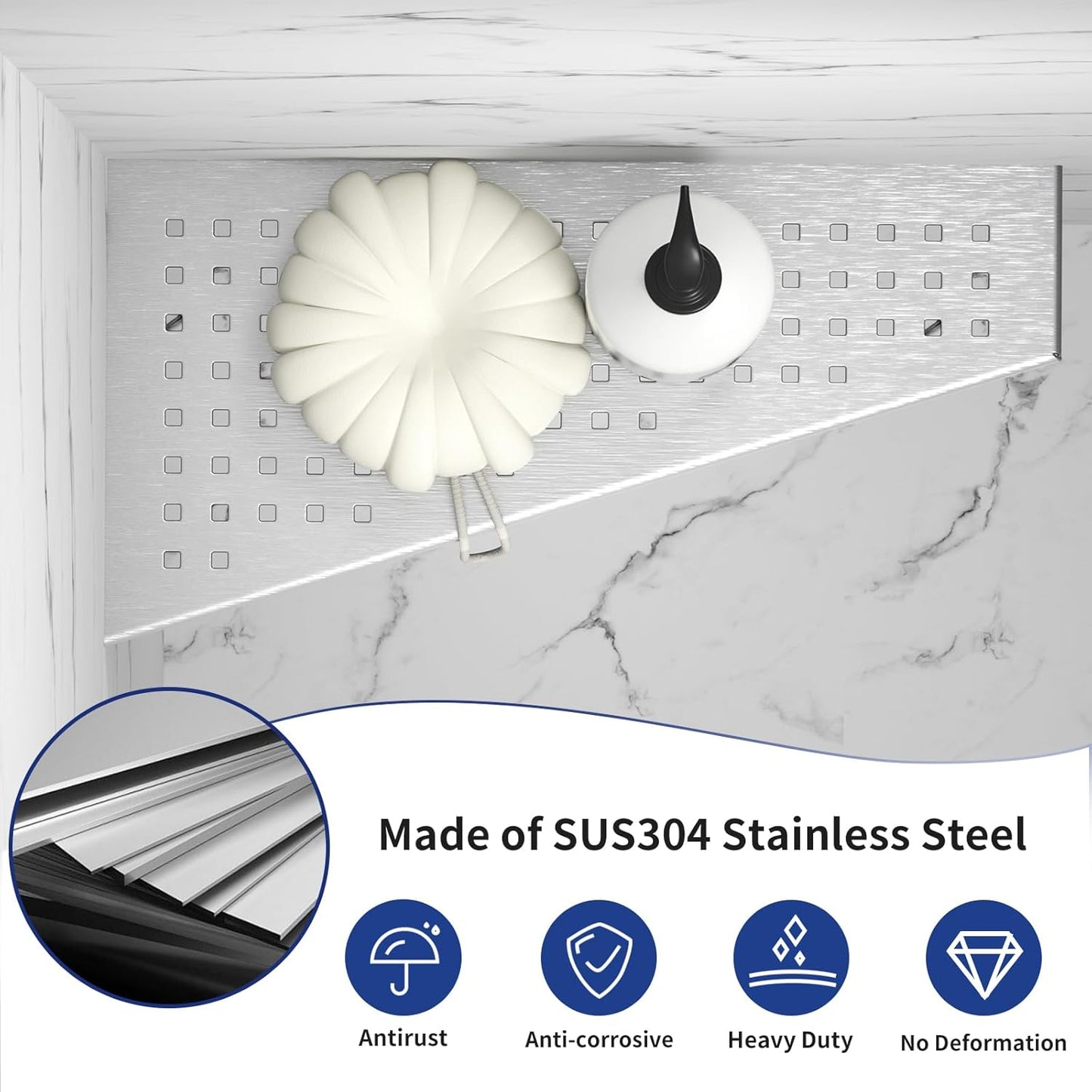 Corner Shower Shelf, 12" Trapezoid Grout in Shelf, 304 Stainless Steel Grid Design Recessed Bathroom Shelf for Tiled Wall