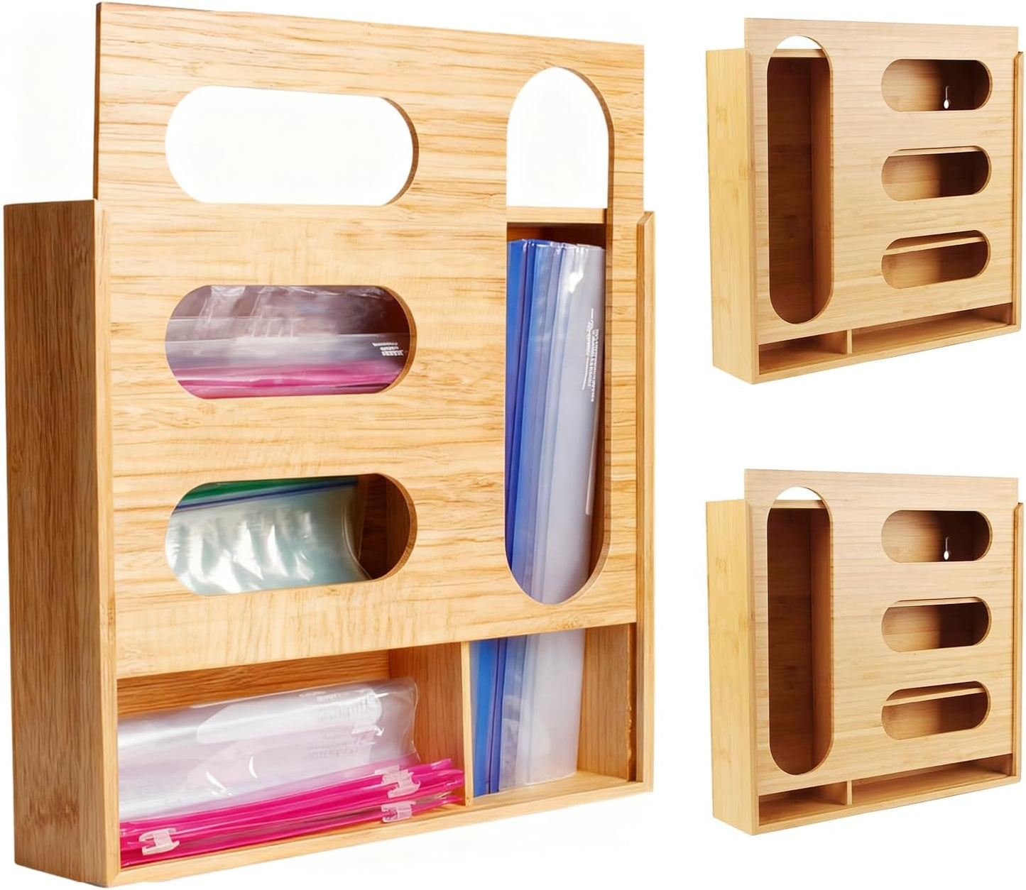 Storage Bag Organizer, Bamboo Ziplock Holder Baggie Organizer for Drawer and Wall Mount, Compatible with Gallon, Quart, Sandwich, Snack,DessertSize Bag (1)