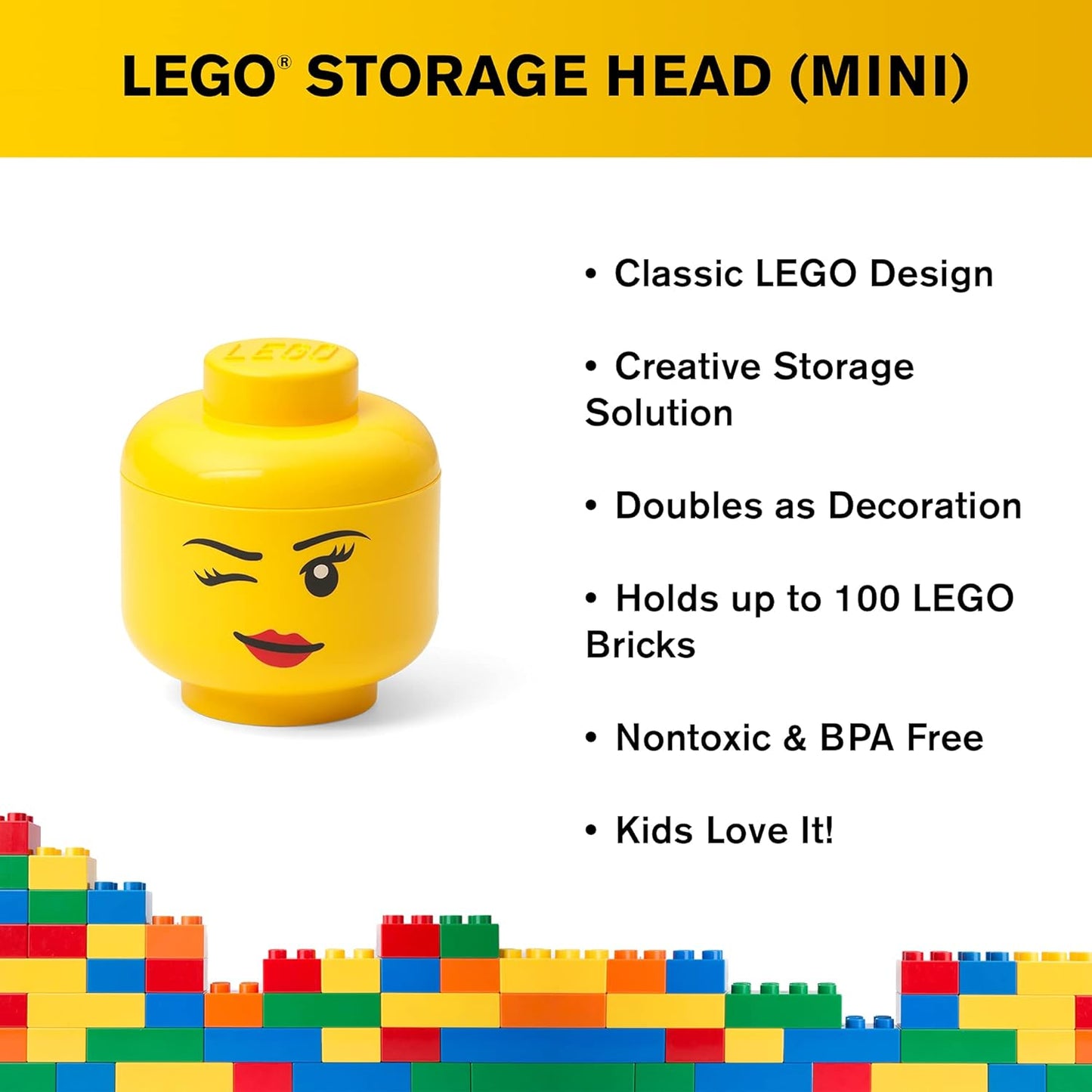 Room Copenhagen, Lego Storage Heads Stackable Storage Container - Buildable Organizational Bins for Kid’s Toys and Accessories - 4.02 x 4.02 x 4.53in - Mini, Winky, Holds 100 Bricks