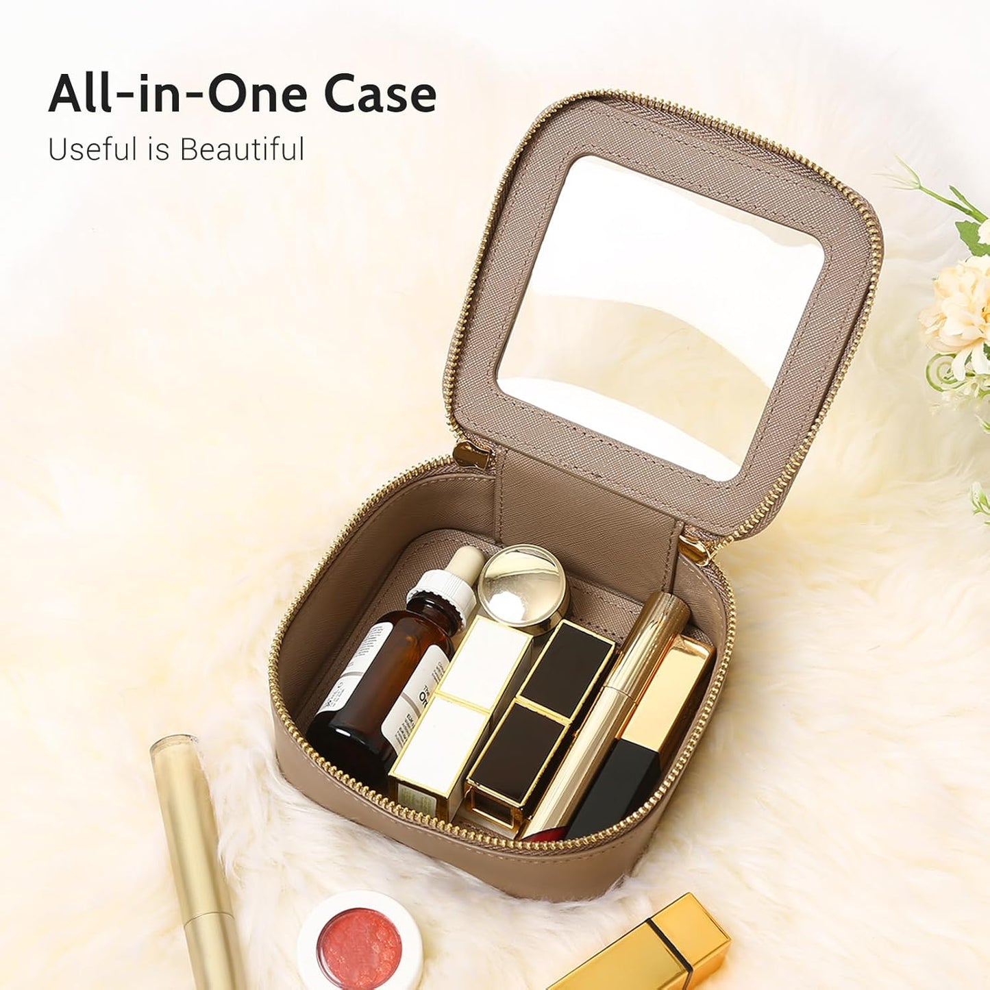 Aveniee Mini Clear Makeup Bag, Small Cosmetic Bags Travel Toiletry Pouch Organizer, TSA Approved Make up Case with Zipper, Car Bag for Essentials,Taupe