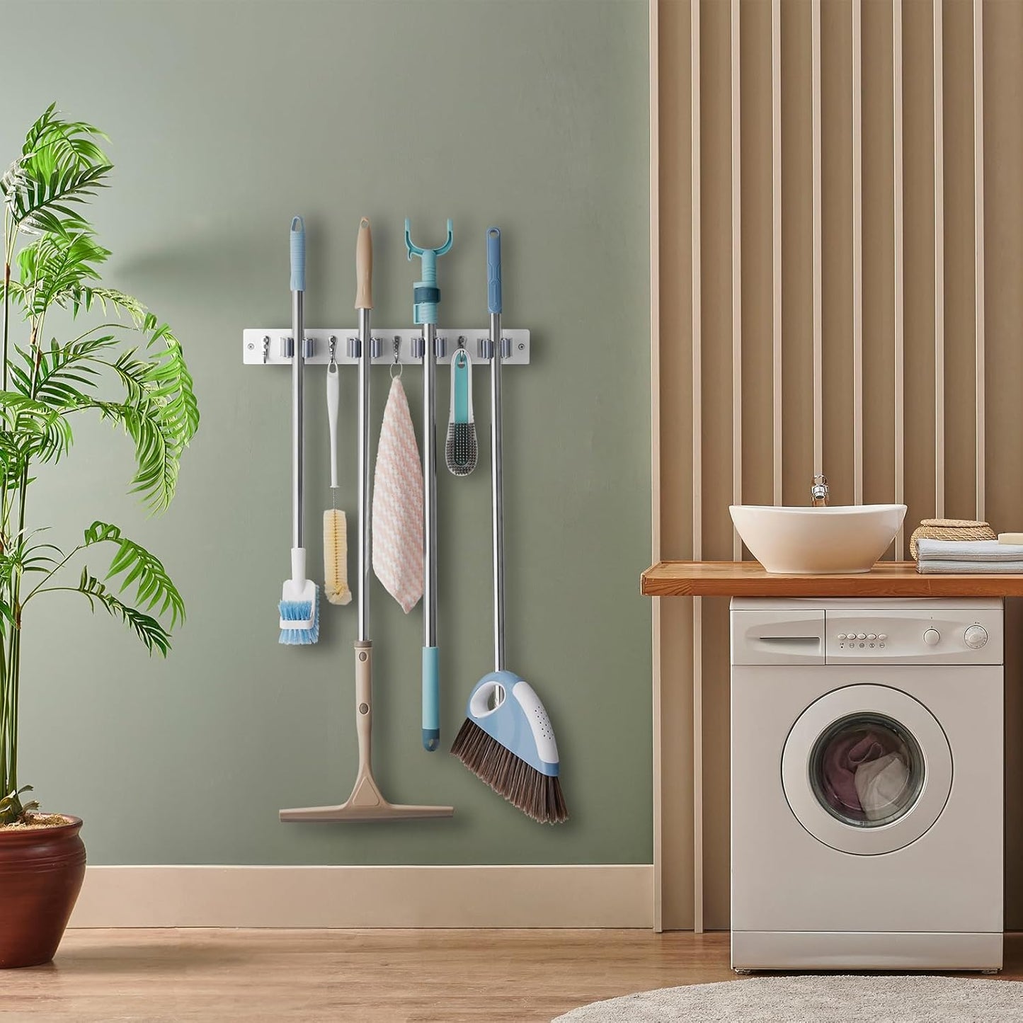 White Mop Broom Holder Wall Mount with 4 Slots & 4 Hooks - Wood Broom Mop Hanger for Pantry Closet Laundry Room Organization - Heavy Duty Garden Tool Organizer - White Kitchen Decor