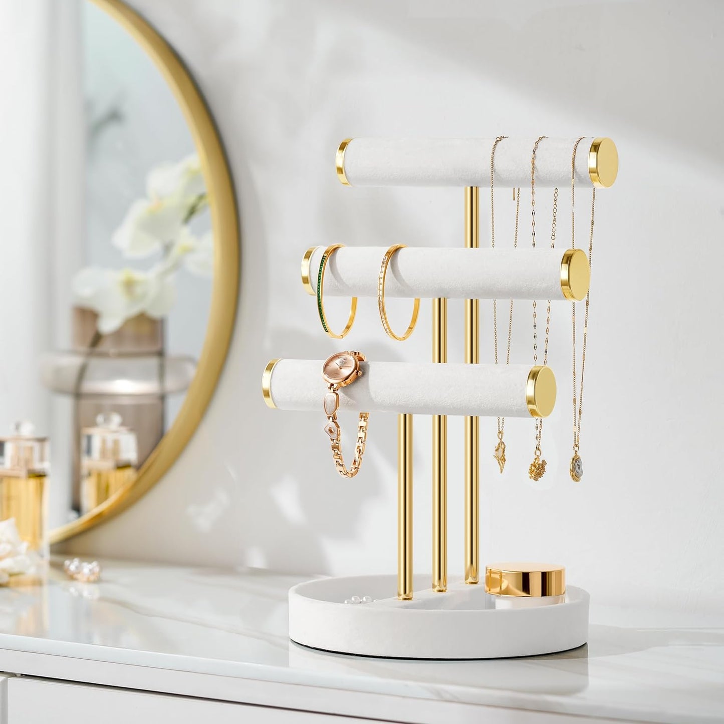 Bracelet Holder Jewelry Organizer Display - 3 Tier T Bar Velvet Stand, White Necklace Holder Organizer, Bracelet Holder, Earring Holder and Ring Display for Jewelry Organizers and Storage