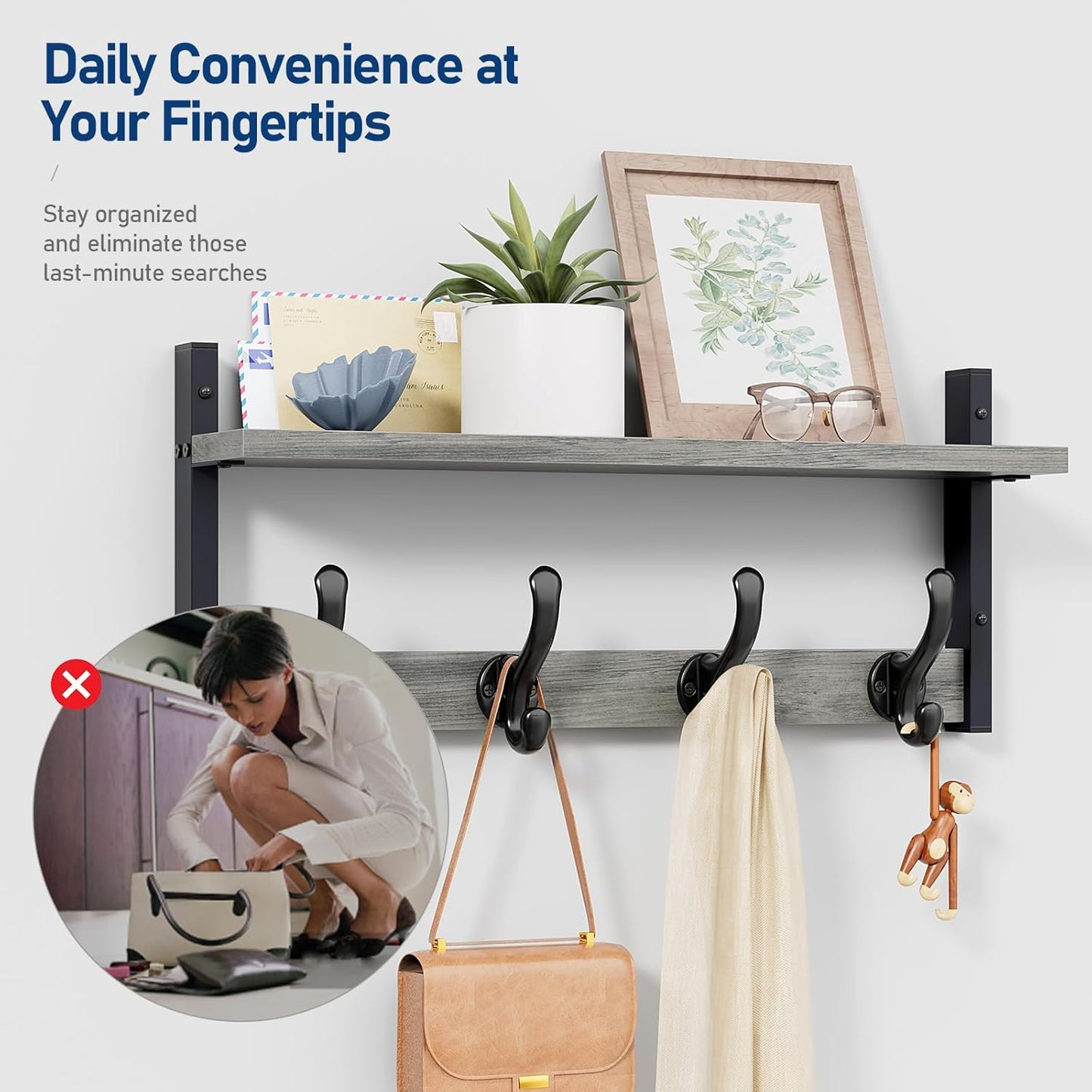 Tatub 20" Rustic Coat Rack Wall Mount with Shelf, Wall Hooks with Shelf, Heavy Duty Entryway Organizer Hangers for Hanging, Hat, Bag, Jacket for Bathroom, Living Room, Bedroom, Gray