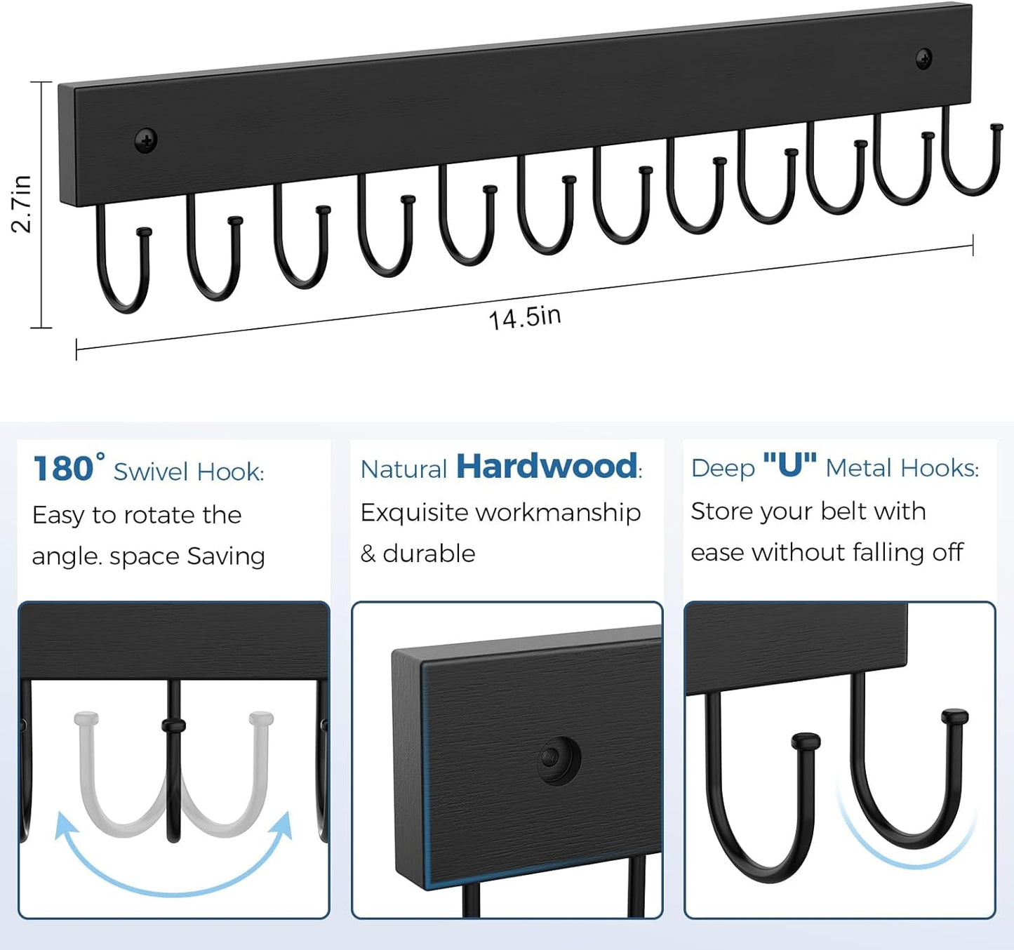Belt Hanger Wall Mounted, Wooden Belt Organizer 2 Pack Max 24 Storage Capacity, 180° Rotating Space Saving Hangers for Ties, Tank Tops, Scarves, Bras, Keys, Bags Halloween Black