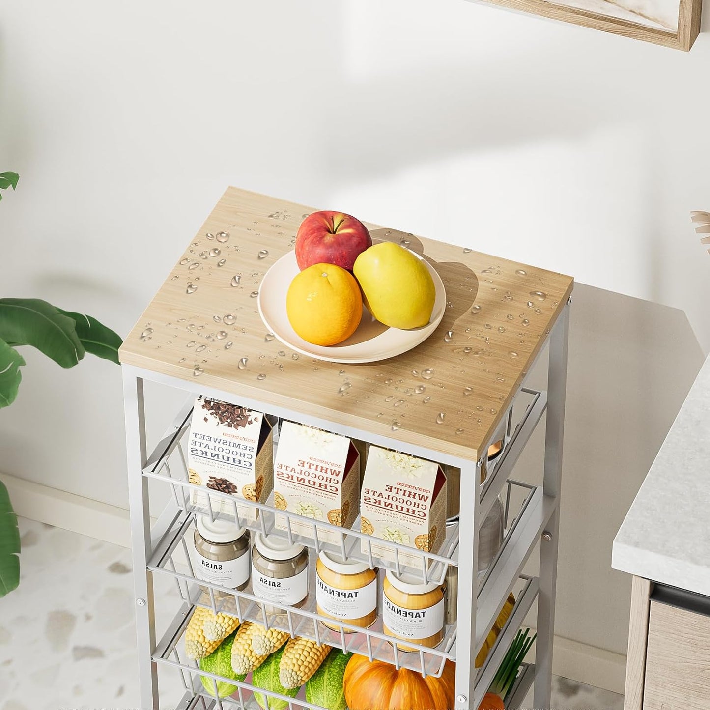 Snack Cart, 5-Tier Kitchen Carts on Wheels with Storage,Fruit Basket Stand with Pull-Out Baskets and Wood Top,Kitchen Organizer for Fruit Vegetable Snack (Oak Beige)