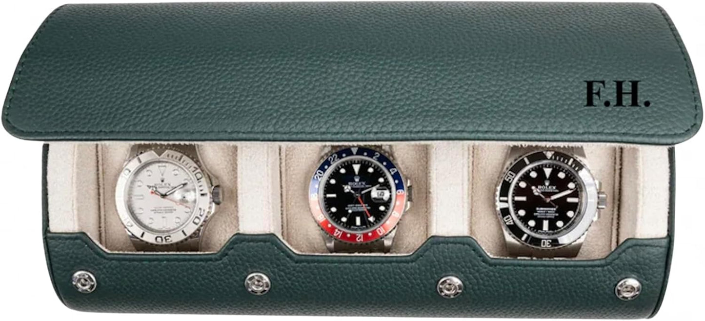 DailyWatch | Personalized Watch Roll Travel Case For 3 Watches - Handmade Genuine Leather Travel Case With Custom Engraving of Name or Initials - Dark Green Litchi