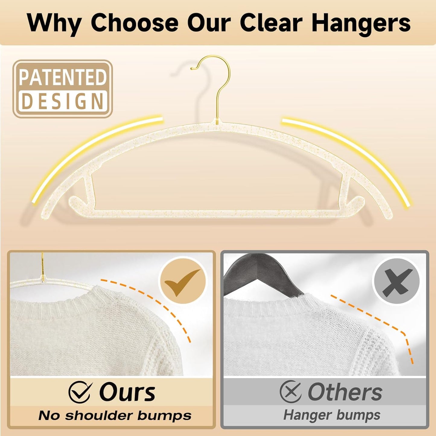 MIZGI Premium Clear Hangers with Gold Glitter (50-Pack) - Heavy-Duty Acrylic Suit Hangers with Gold Hooks - No Shoulder Bump Space Saving Clothes Hangers for Jackets, Coats, Dresses