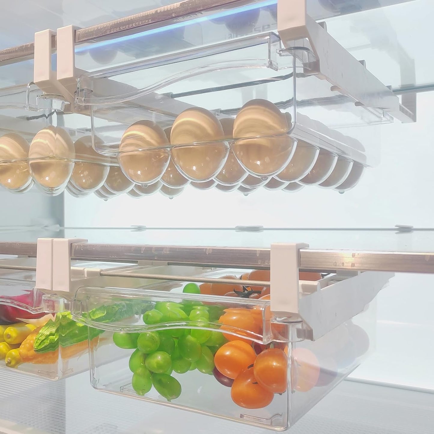 URALFA 2 Pack Fridge Drawer Organizer Egg Holder For Refrigerator Pull Out, Refrigerator Drawers for Fruit and Vegetable, Transparent Organization and Storage Box Fit for Fridge Shelf