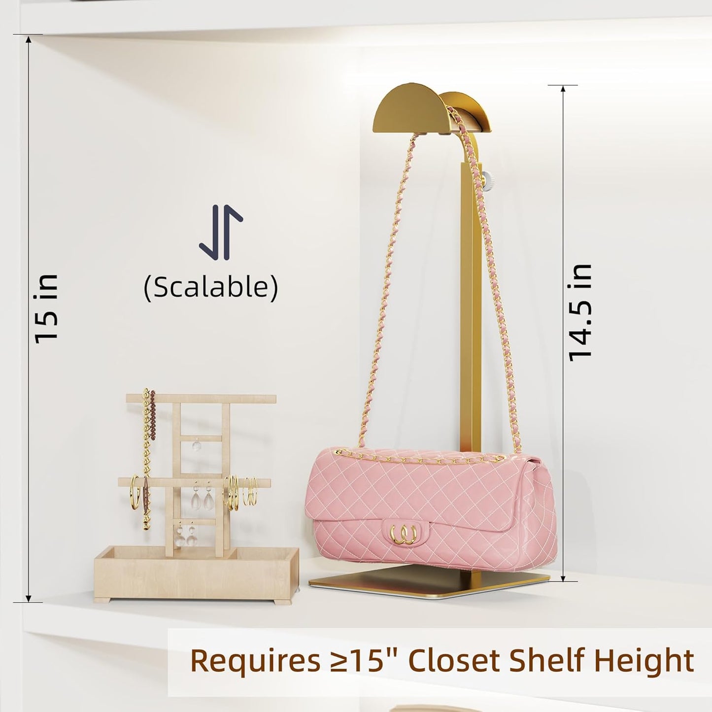 1 Pack Purse Display Stand, Purse Holder Handbag Display Stand Metallic Gold Purse Hanger Showing Bags, Purses, and Wreath, Adjustable Hook Stand for Tabletop, Closet, Desk, and Retail Use