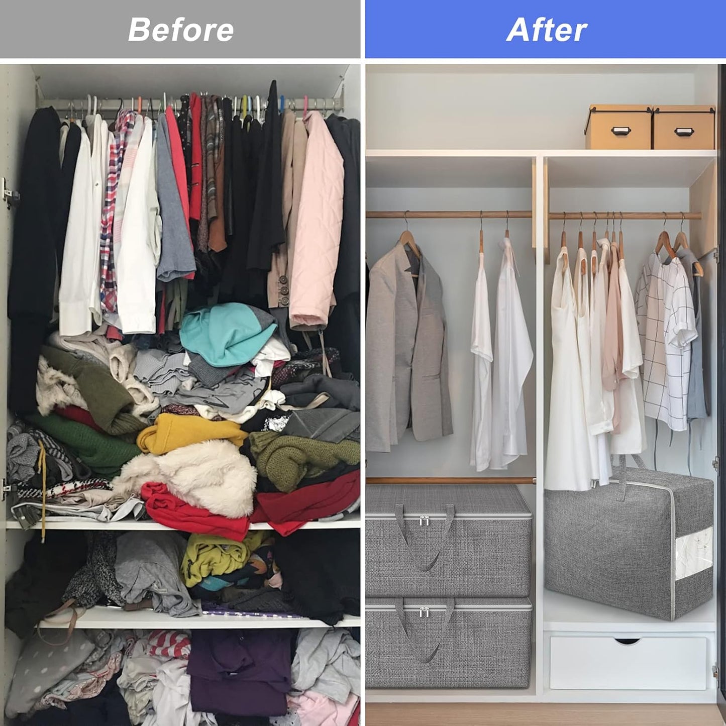 8Pack 105L Extra Large Storage Bags, Folding Moving Comforter Blanket Storage Bags Closet Organizers and Storage Containers for Clothes with Strong Handles&Zippers Clear Window for Bedding Pillow Grey