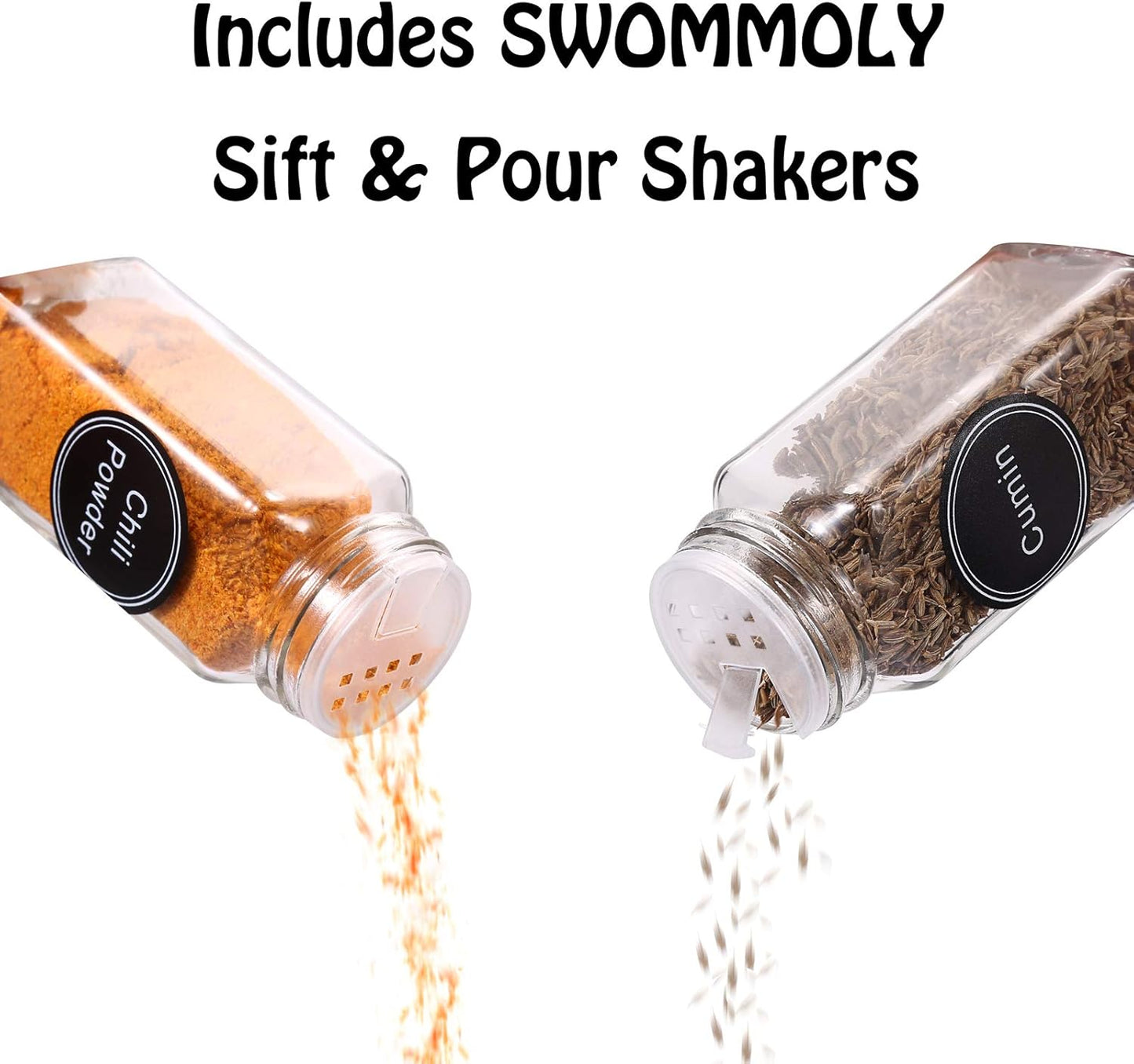 SWOMMOLY 30 Glass Spice Jars 4oz/Square Spice Bottles with 703 Spice Labels, Empty Spice Containers with Pour/sift Shaker Lid, Airtight Cap, Chalk Marker and Funnel Complete Set