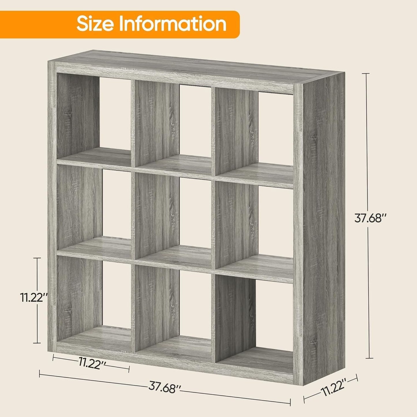 Bookshelf with Storage Bins, 9-Cube Storage Organizer Sturdy Wooden Bookcase Open Book Shelf, Multifunctional Cubicle Rack for Storage & Display, Furniture for Living Room Bedroom Office, Gray Oak